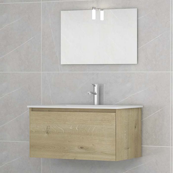 Mobile bagno LINDA80 Rovere Chiaro con lavabo e specchio - 8280